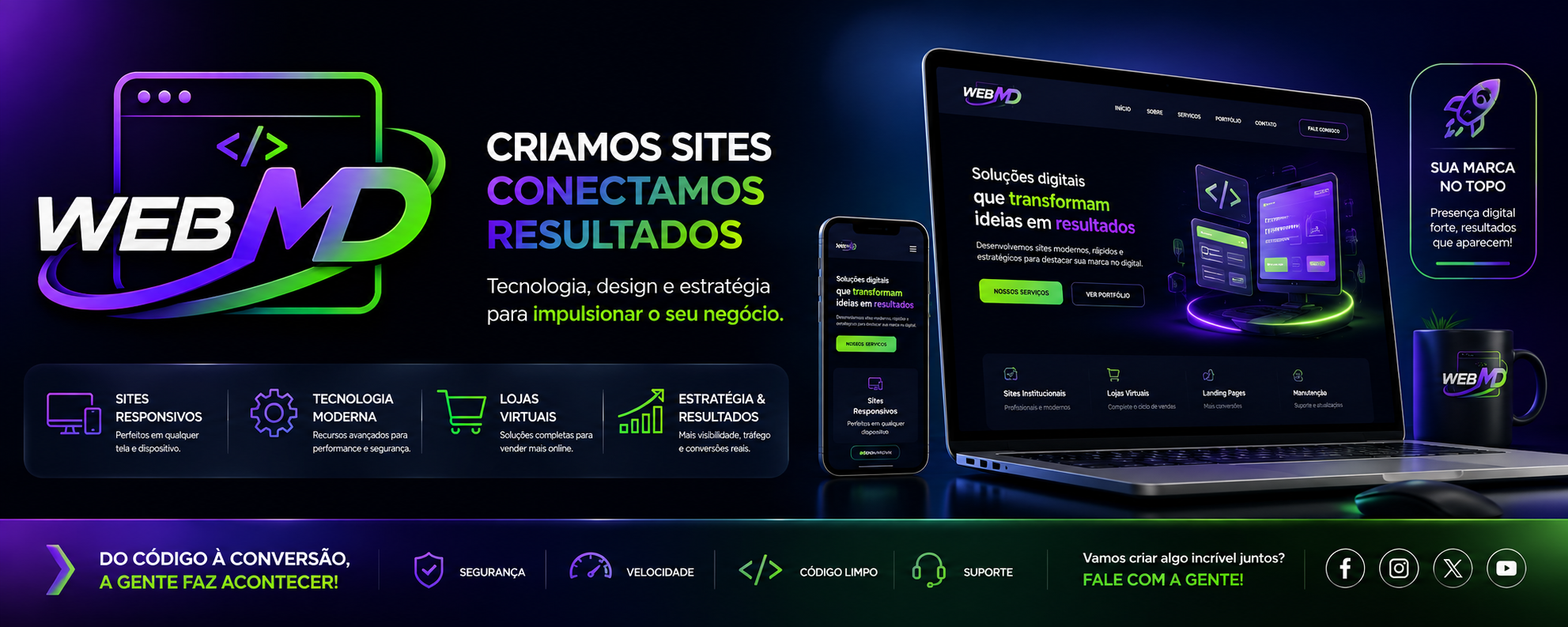 Apresentação visual da agência WEBMD com notebook, celular e soluções digitais